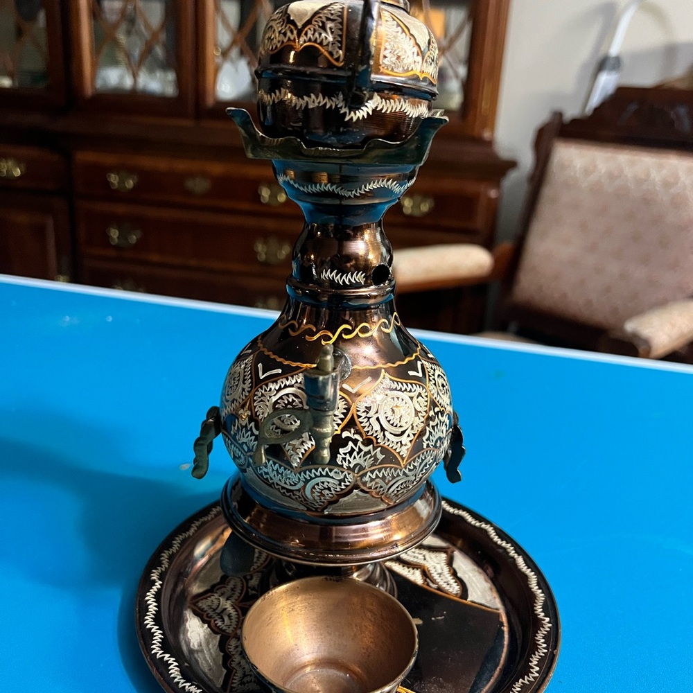 Intricate Copper and Black Decorative Turkish Tea Set